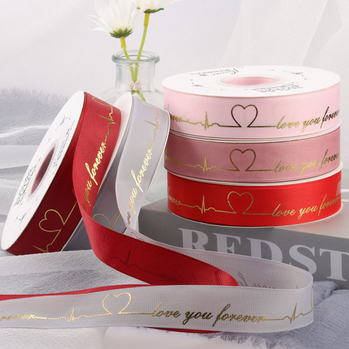 Gold foil woven floral gift box ribbon for birthday cake, letter band print satin ribbon 2.5cm