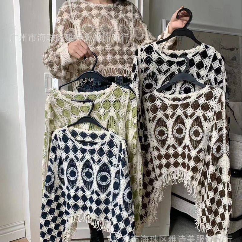 Autumn design hollow-out tassel long-sleeved sweater for Women New chic loose slimming outerwear niche top fashion