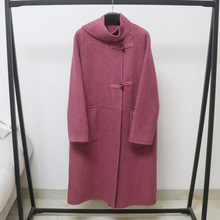 欧洲站全手工缝制羊毛连帽牛角扣毛呢大衣女中长款大口袋外套上衣