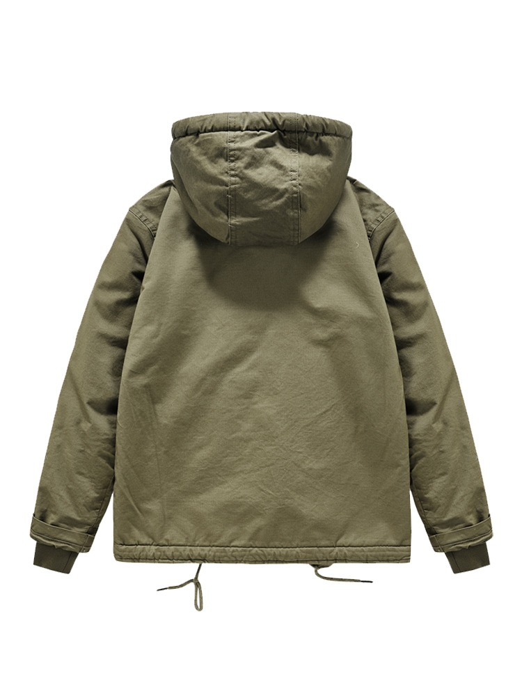 Abrigo de invierno para hombre al aire libre casual a prueba de viento con capucha superior suelta transfronteriza forrada de lana engrosada chaqueta de trabajo para hombres