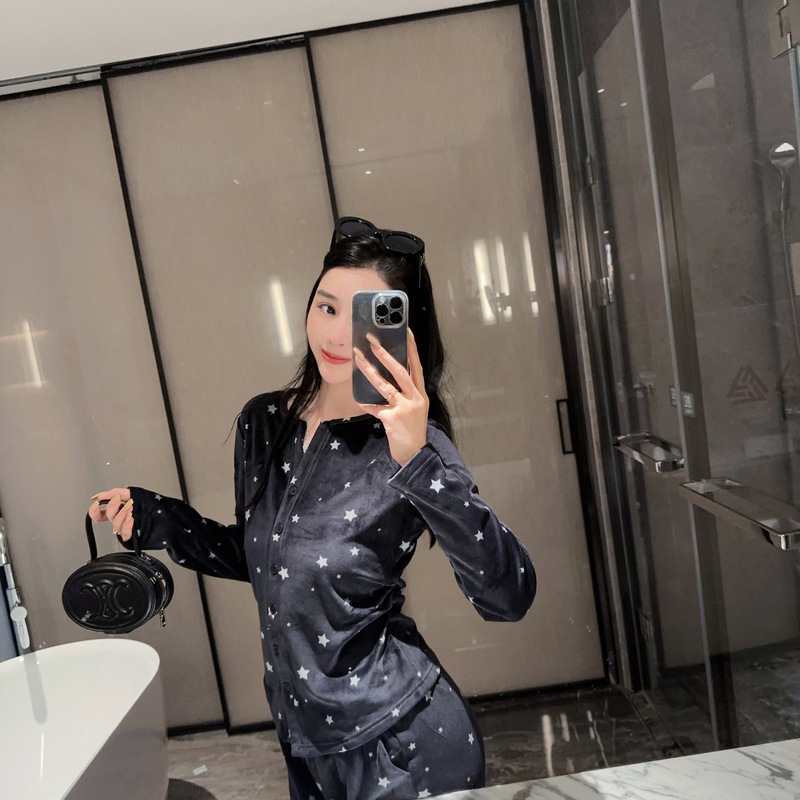 Yase [wishing stars] autumn and winter island velvet ladies fleece-lined warm new star printed home clothes