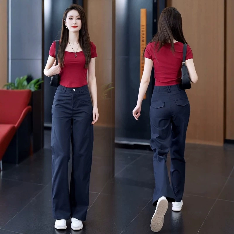 Navy blue stretch wide-leg pants for women, new spring/autumn collection, high-waisted, slimming, tailored suit pants, slim-fit, casual straight-leg pants Navy blue stretch wide-leg pants for women, new spring/autumn collection, high-waisted, slimming, tailored suit pants, slim-fit, casual straight-leg pants