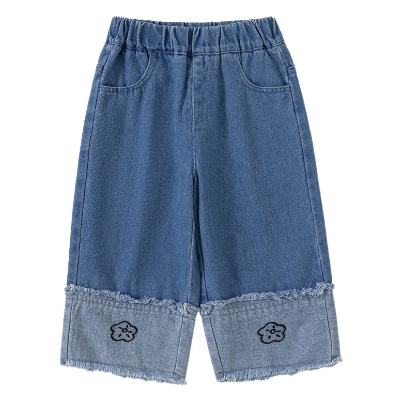 Jeans de pierna recta para niñas Youbao, ropa exterior elegante para otoño, pantalones anchos con bordado floral para niñas pequeñas.