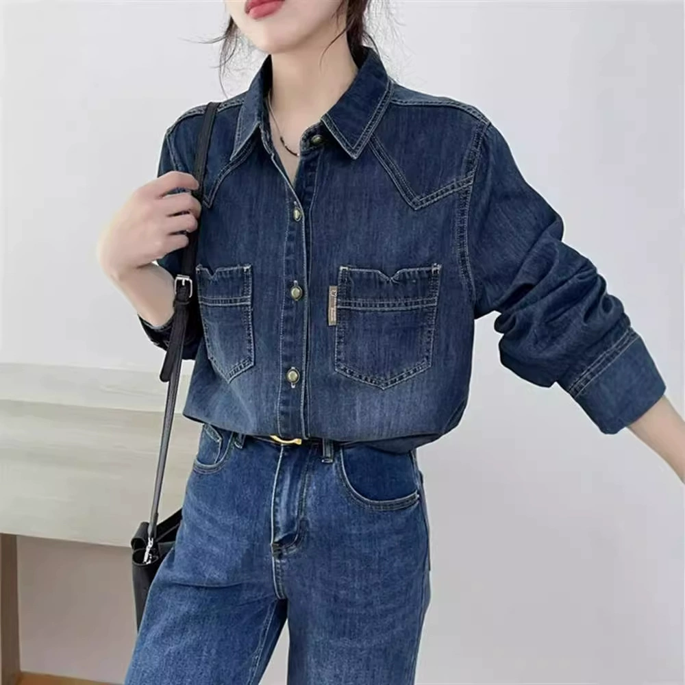 Синяя ретро джинсовая рубашка женская весна осень 2024 новый свободный повседневный дикий дизайн рубашка куртка прилив