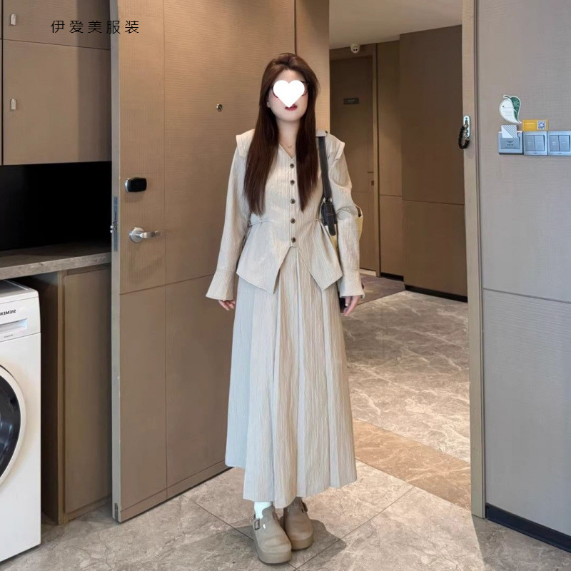 大码大小姐新款气质两件套春秋女装衬衫高腰显瘦上衣半身裙套装