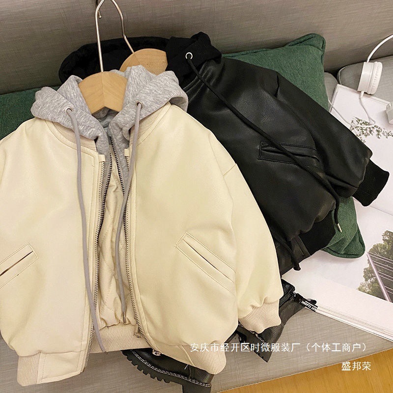 厂家款新款小童男童皮衣皮夹克秋冬韩版假两件女童潮加厚洋气外套