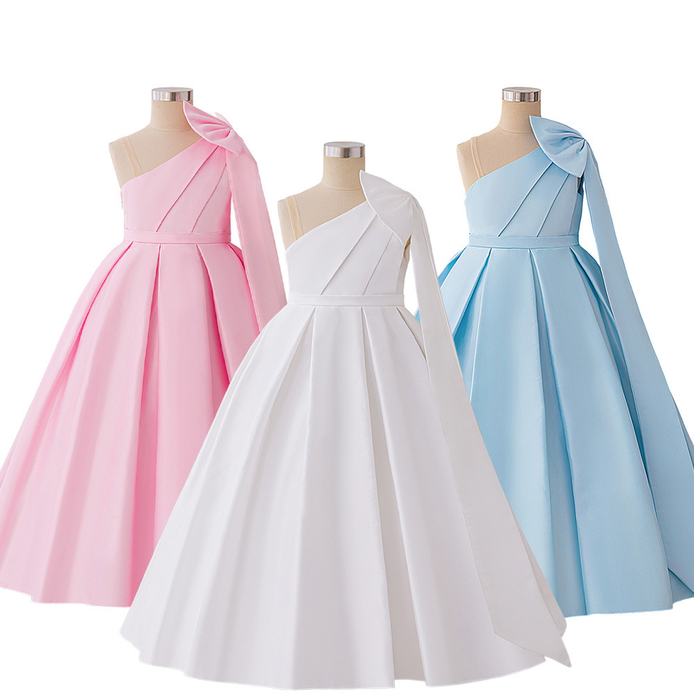 Vestido de niño grande de nuevo estilo europeo y americano, vestido de lazo grande de un solo hombro, vestido largo de satén para niños, vestido de presentación