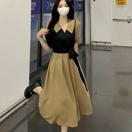 2025年新款夏季大码女装系带收腰娃娃领马甲假两件连衣裙女装潮