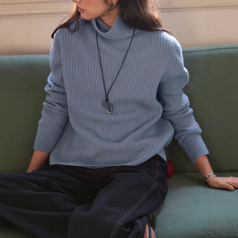 Solighter Wool Seamless One-Piece Pit Strip Turtleneck Bottoming Shirt for Women Autumn