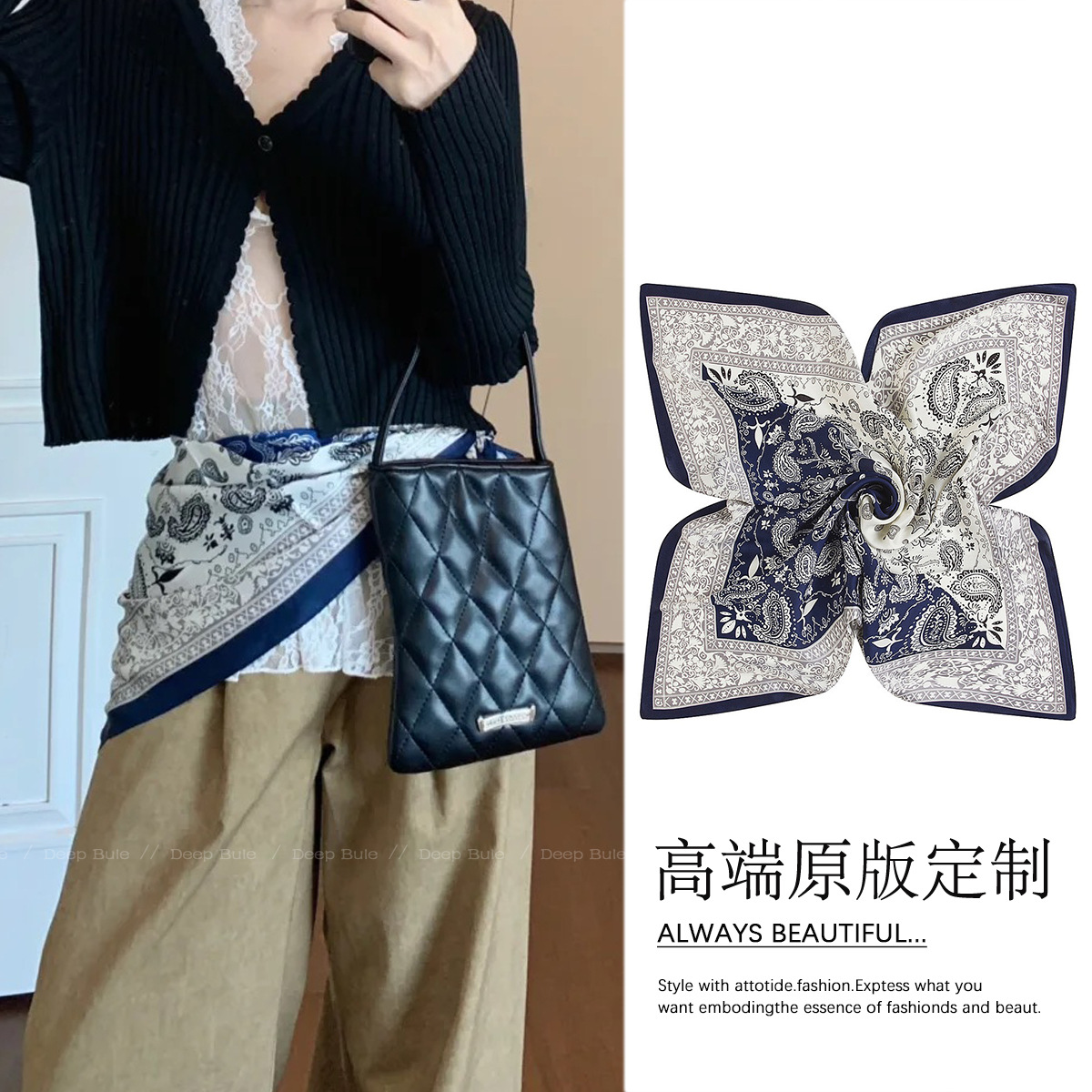 Blue and white color block pattern square silk scarf
