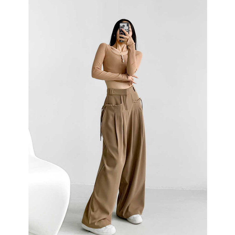 American retro hot girl style high waist drape pants women's design side lace-up elegant casual straight leg pants wholesale American retro hot girl style high waist drape pants women's design side lace-up elegant casual straight leg pants wholesale
