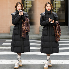 外贸翻领羽绒棉服女中长款过膝冬季新款宽松收腰棉袄加厚棉衣外套
