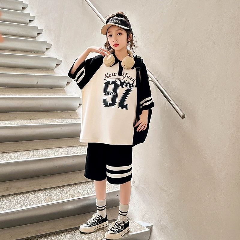 Summer set, uniform, trousers, sports suit, for teenagers, loose fit, with short sleeve
