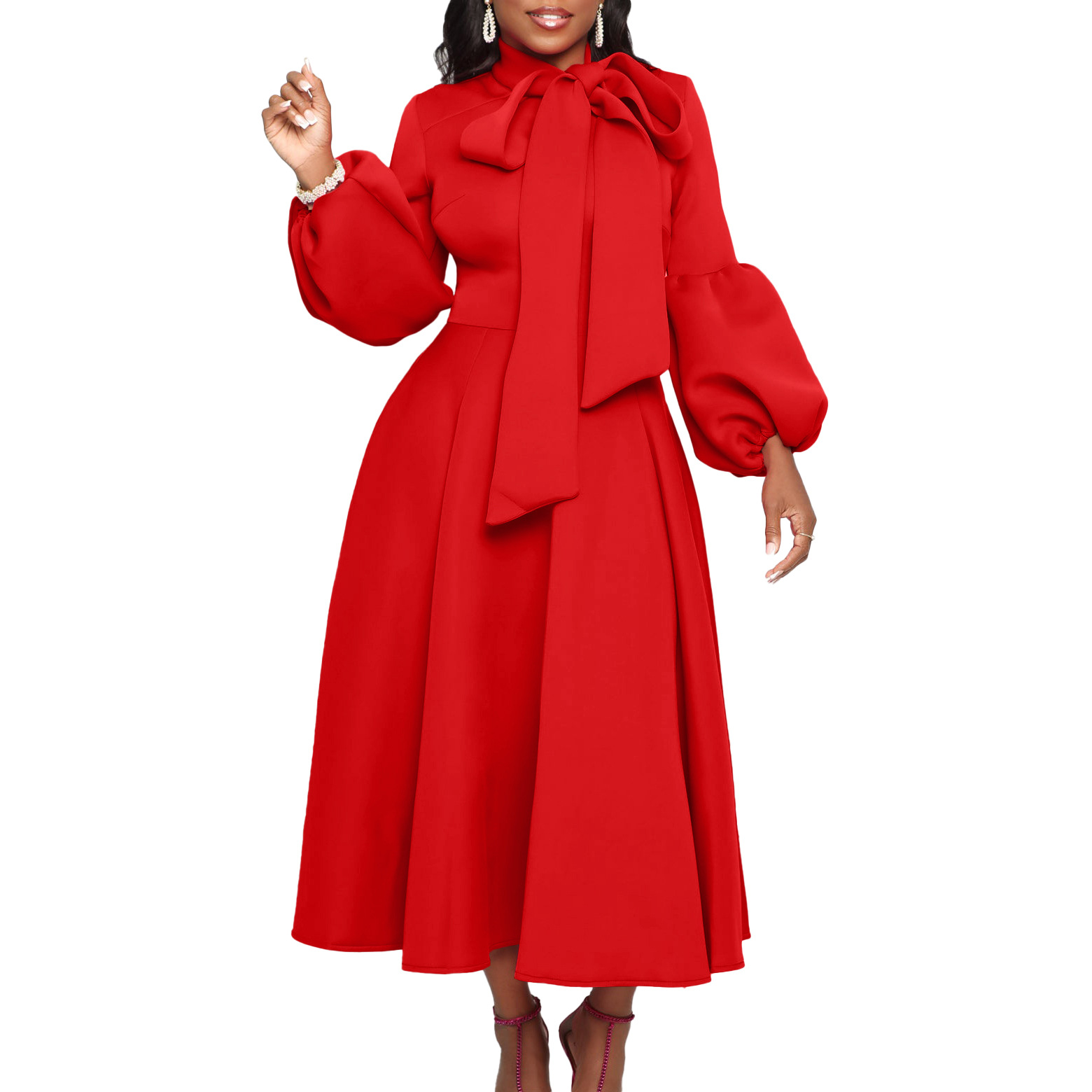 Women's Clothing women's spring new style puff sleeves bow tie large skirt high waist dress dress_voghion.com