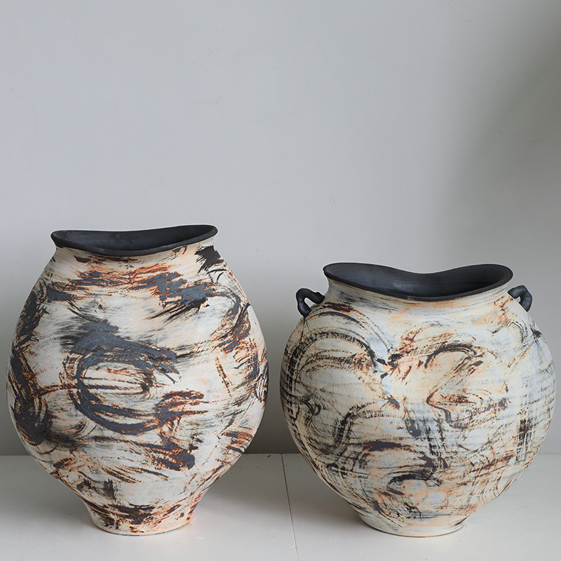 Oil Painting Wabi-Sabi Style Handmade Large Belly Vase High-End Jingdezhen Pottery Tea Space Flower Ornaments Zen Style
