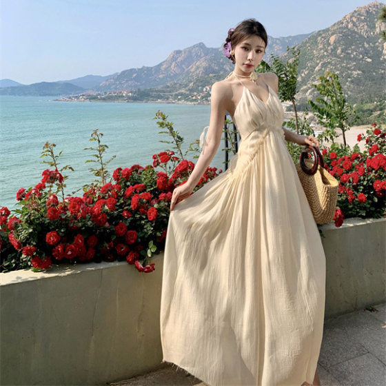 Seaside Vacation Purple V-Neck Backless Neck dress Women's Super Good-looking Temperament Long Dress Photo-looking Dress