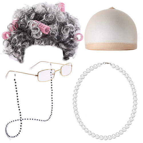 Halloween Granny Wig COS Granny Short Curly Hair Grandpa Middle-aged and Elderly Sketch Dress Up Set