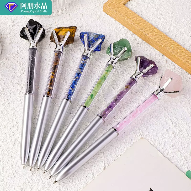 创意天然水晶原石碎石圆珠笔金属银色签字笔办公文具圆珠笔广告笔