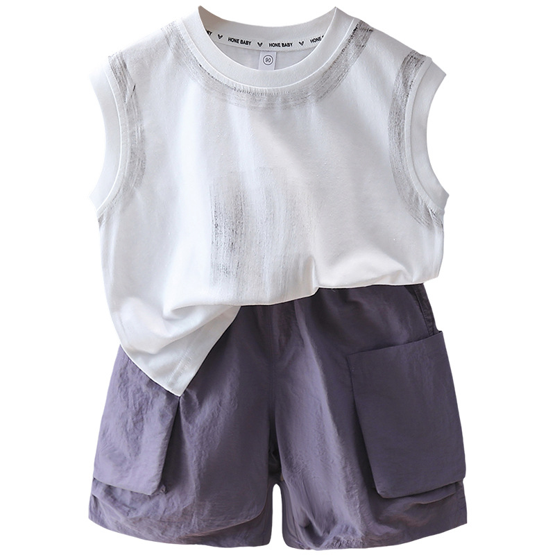 7372 Traje de verano para niños 2025 Nueva ropa sin mangas de verano Chaleco y pantalones cortos de dos piezas de verano