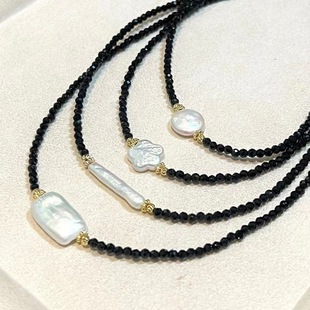 Black Pointed Crystal Baroque Pearl Clavicle Chain 18K Gold Note High Color Pearl Necklace Big Brand Flat for Necklace