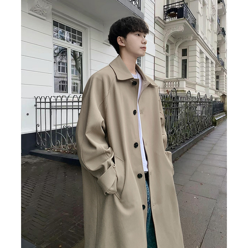 日本の春秋の襟をめくる風の服の男性の中で長いタイプの英倫の風のコートの潮流のゆったりしている通勤のレジャーのコートの韓国版|undefined
