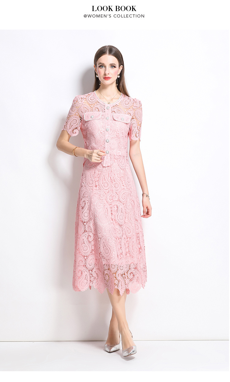 Set váy liền hai mảnh mùa hè: áo sơ mi cổ tròn ngắn tay thêu ren rỗng kết hợp chân váy chữ A cạp cao xòe rộng — Màu xanh lam, Màu hồng, Màu mơ chi tiết 12