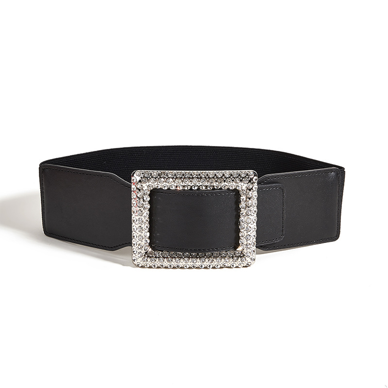 Ceinture large à boucle carrée pour manteau décoratif, insert élastique à la taille, ceinture élastique à strass pour femme, noir_voghion.com