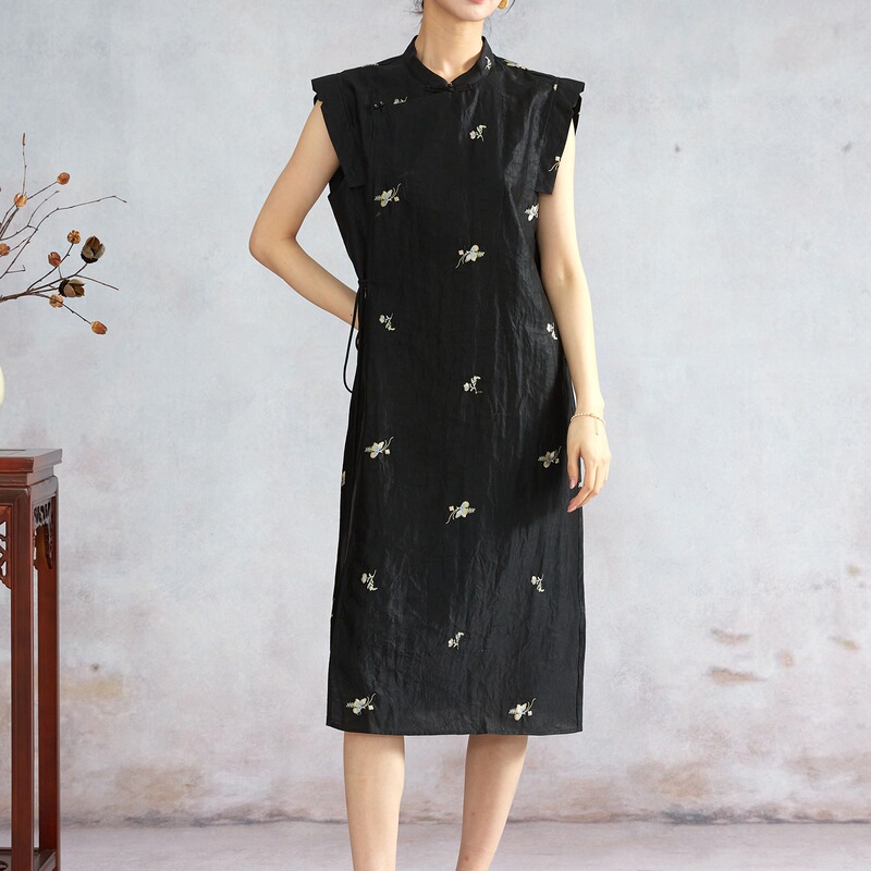 100% Mulberry Silk Crackle-Patterned Xiangyun Silk National Style Diagonal Collar Embroidered Improved Cheongsam Dress Summer Silk Dress