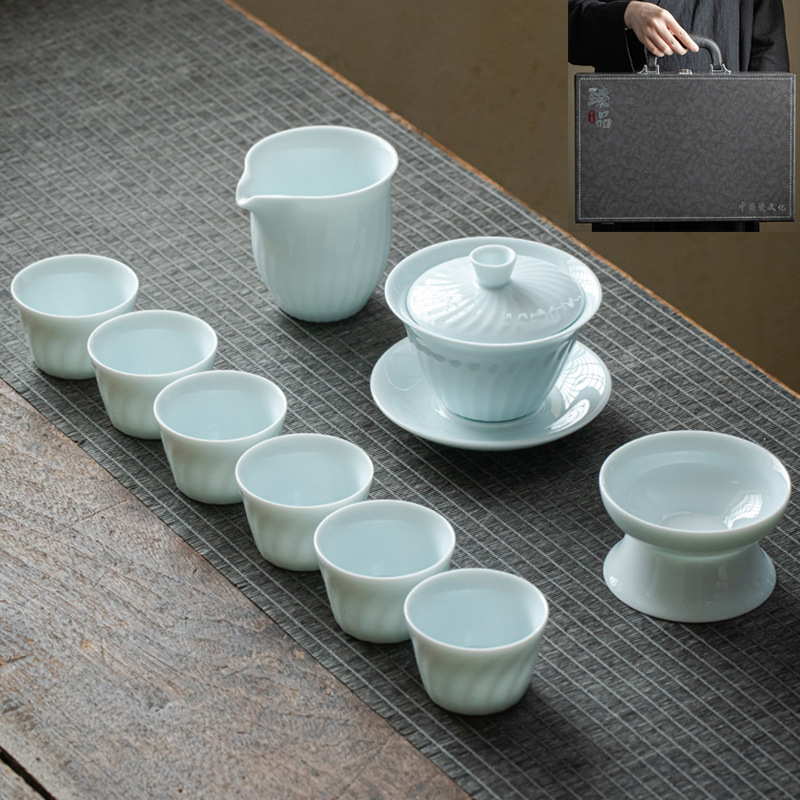 ギフト工夫茶器セット卸売り家庭用ロゴ蓋碗提梁壺開業徳化陶磁器茶器セット|undefined