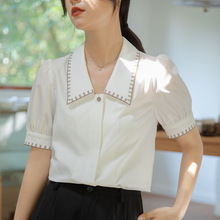 法式复古短袖刺绣白色衬衫女夏季新款设计感小众上衣通勤职场正装