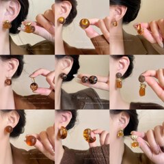 美拉德咖色方形水滴圆珠树脂耳环轻奢高级感耳钉欧美复古气质耳饰