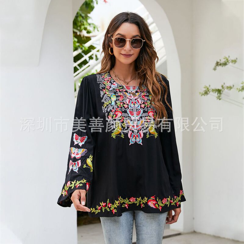 Cross-Border Women's Clothing Ethnic Style Colorful Embroidery Splicing Long-Sleeved Loose Embroidered Large Size Shirt for Women