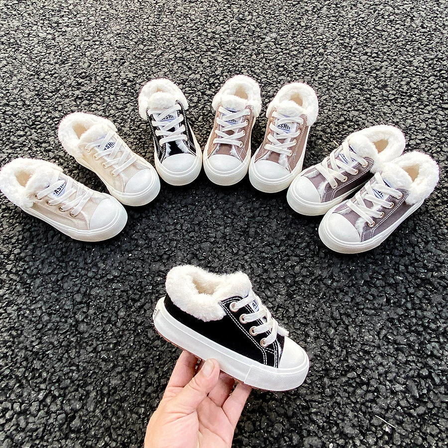 Детские хлопковые ботинки 2024, зимние, новые, в стиле ретро, для мальчиков и девочек, теплые, на флисовой подкладке, низкие, на резинке.