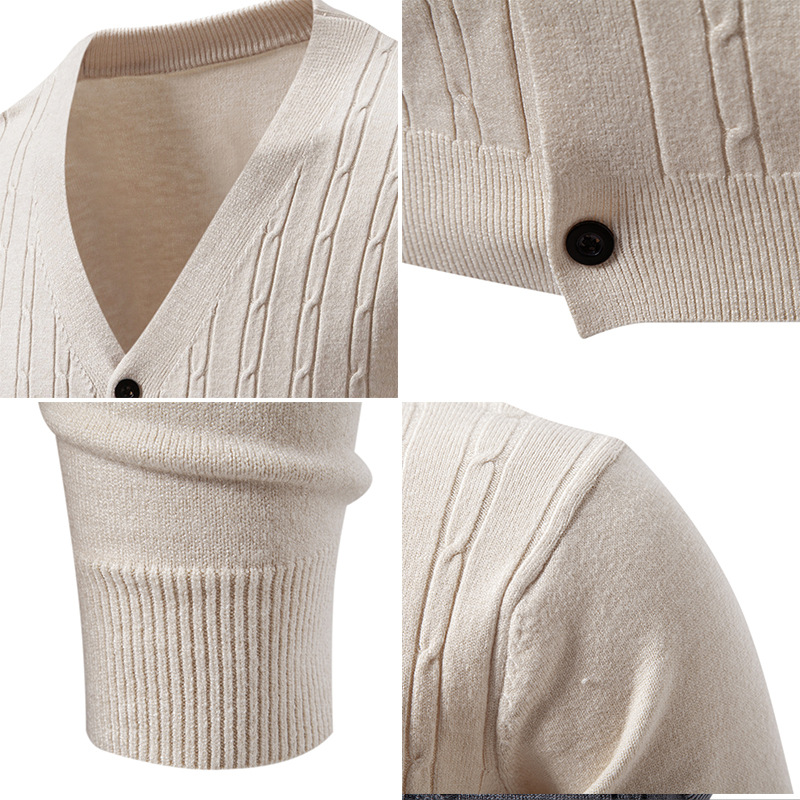 Koreanischer Strickcardigan für Herren – Leichter V-Ausschnitt-Pullover mit Jacquard-Details_voghion.com