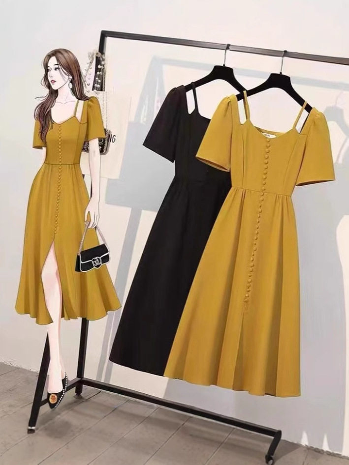 Đầm maxi nữ thắt eo kiểu Pháp phong cách Hepburn thanh lịch — váy vàng