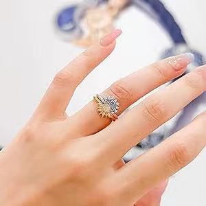 Cross-border S925 Pure Silver Ring Design, Moon and Sun Overlapping Stackable Women's Diamond Studded Amazon Silver Ring