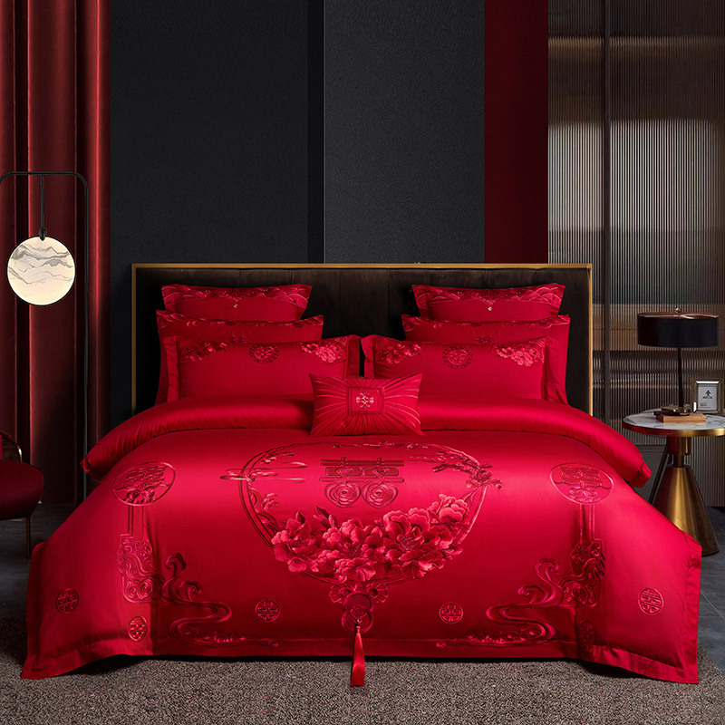 Juego de cuatro piezas de algodón puro para dote de novia, color rojo brillante, funda de edredón bordada totalmente de algodón, sábana de cama de boda, cubrecama, ropa de cama para todas las estaciones.