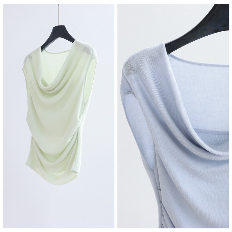 Fashionable Swung Collar Sleeveless Sweater with Flat Collar, Lyocell Tencel Summer Waist Pleated Vest, French Style for Women Fashionable Swung Collar Sleeveless Sweater with Flat Collar, Lyocell Tencel Summer Waist Pleated Vest, French Style for Women