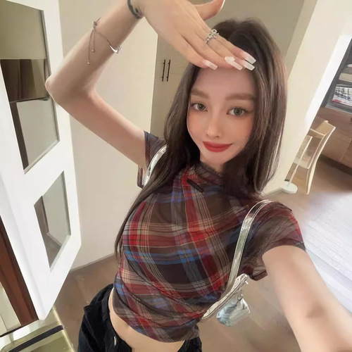 Vintage Gingham Crew Neck Short Sleeve Square Shoulder T-Shirt for Women - Summer 2024 New Sweet and Spicy Style Pleated Tight Fitting Slimming Top