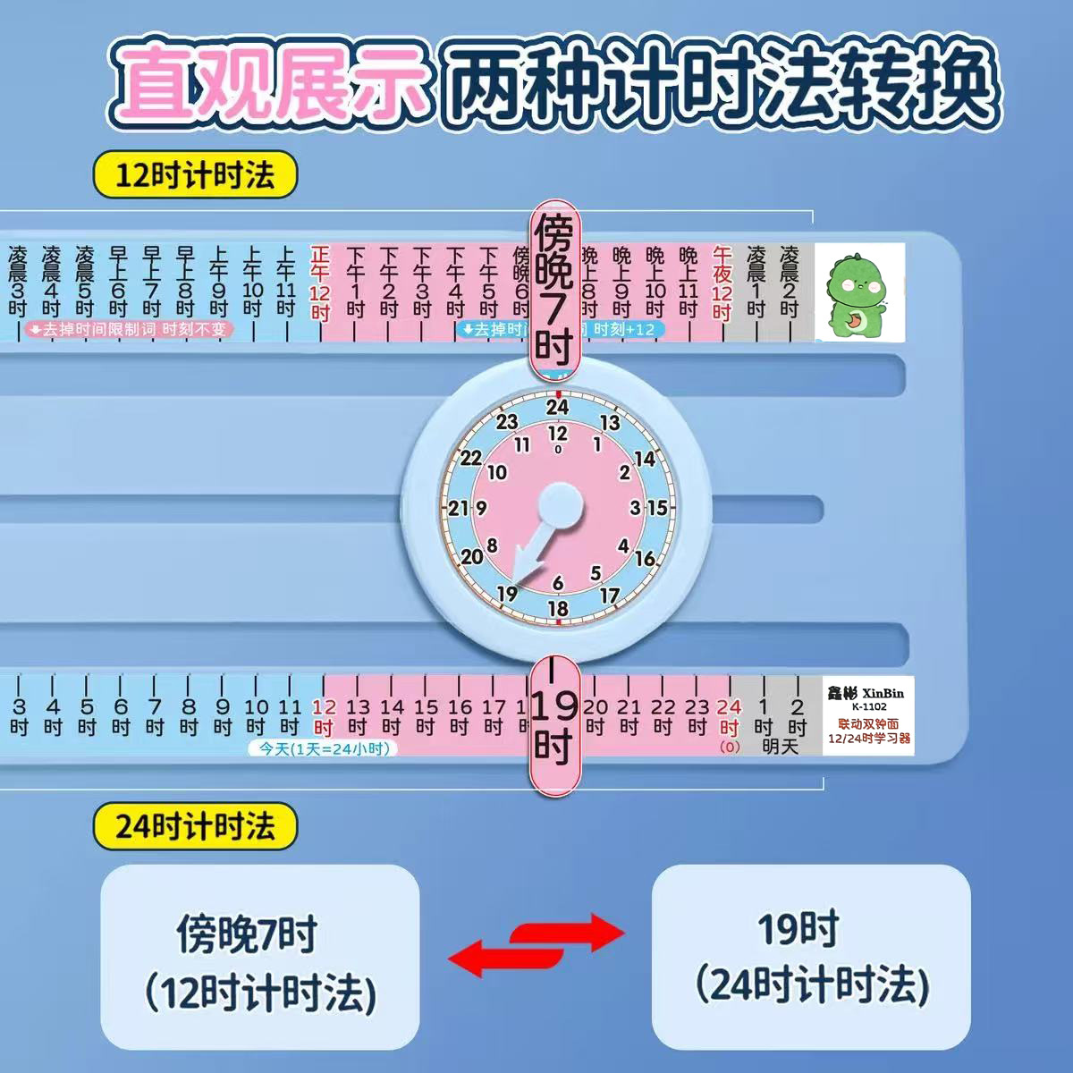 連動両面時計 小学生向け24時間文字盤学習教材 同期12時間計時 学生用デモンストレーター