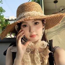 蕾丝系带编织草帽女夏季出游大帽檐五股防晒遮阳帽海边防紫外线帽