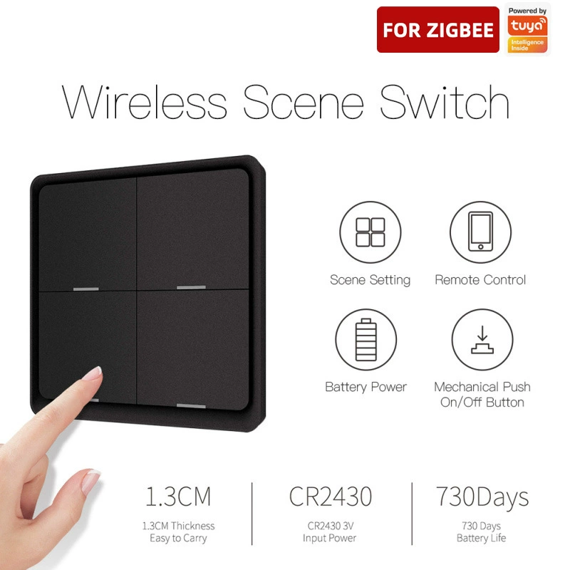 Беспроводной выключатель сцен Zigbee, 4-клавишный случайный прикроватный выключатель, пульт дистанционного управления для мобильного телефона