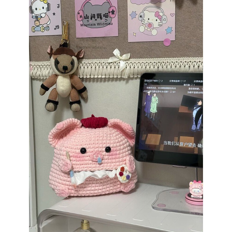 Hand-Knitted Cute Cartoon Image Paper Towel Drinking Homemade Tissue Storage Bag Wool Crochet DIY Material Bag