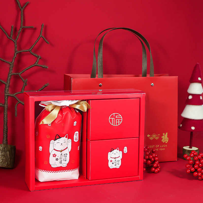 新年招财猫春节糖果礼盒雪花酥牛轧糖曲奇饼干方块酥包装盒子