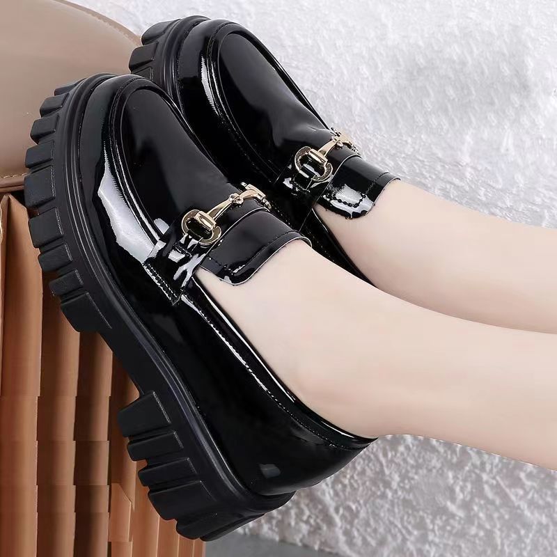 日系小皮鞋女英伦风黑色单鞋厚底一脚蹬乐福鞋显高学生女松糕鞋子