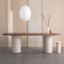 北歐橢圓形餐桌簡約現代辦公桌椅輕奢實木工作台長條小型會議室桌
