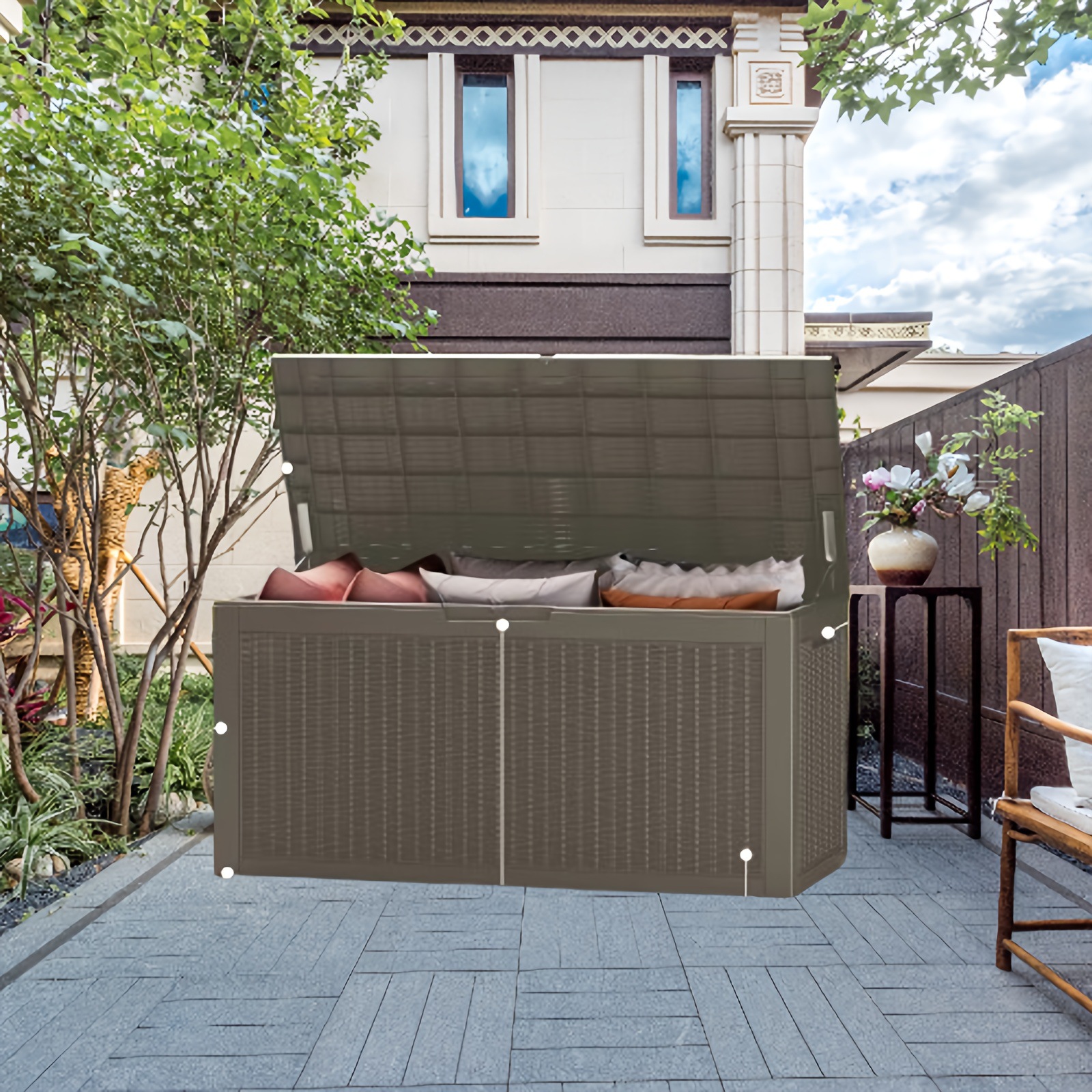 2025 nueva generación transfronteriza, caja de almacenamiento al aire libre multifuncional de ratán impermeable de 110 galones, generación transfronteriza