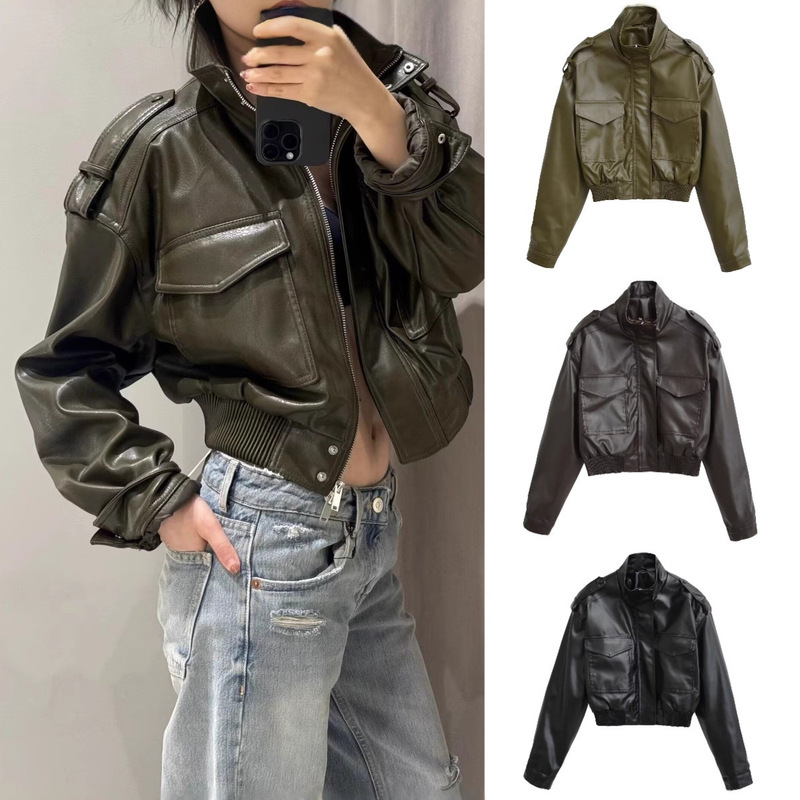 Cross-Border Export Spot European and American Style Women's Autumn New Imitation Leather Stand-Up Collar Pilot Long-Sleeved Short Leather Jacket