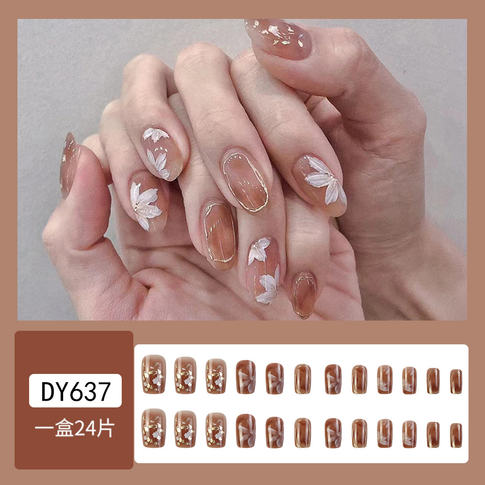 Alta sensación de ámbar flor de Phnom Penh usar uñas de tono de vibración temperamento de claqueamiento de uñas 24 piezas de uñas falsas en stock lote mixto image 3