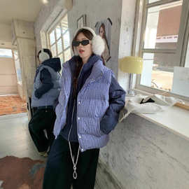 新款韩系高级感蓝色格子棉衣马甲女冬季加厚面包棉袄外套马夹上衣